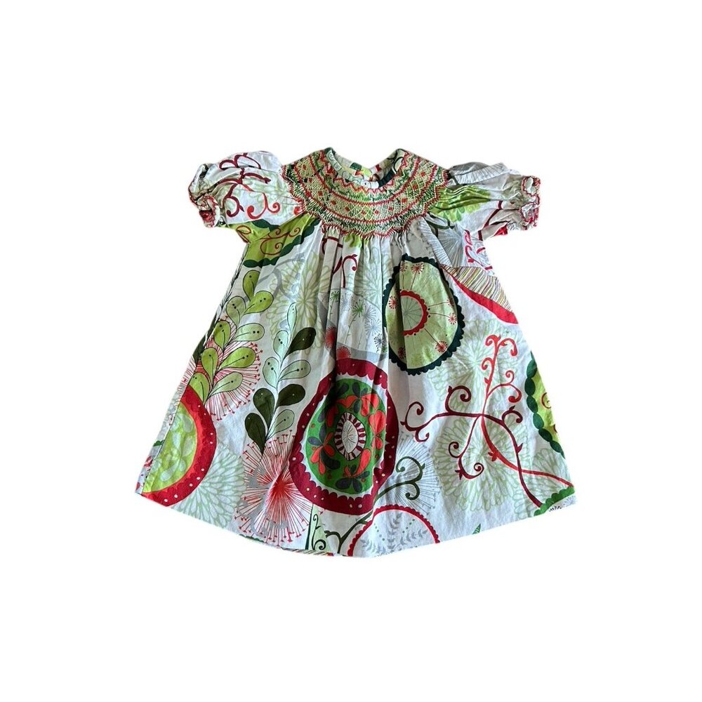 Le’ Za Me Smocked Infant Girls Paisley Floral Red & Green Holiday Dress 12 Month